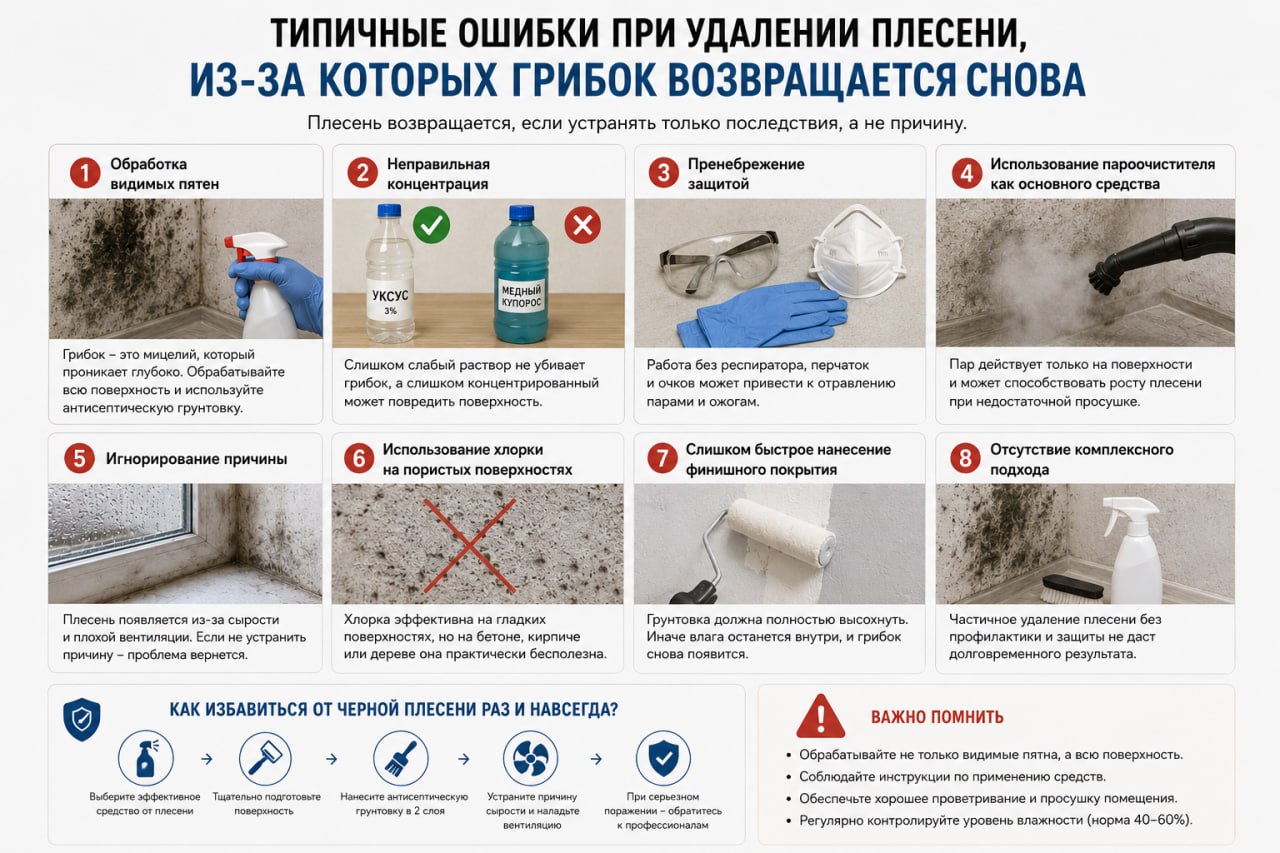 Типичные ошибки при удалении плесени